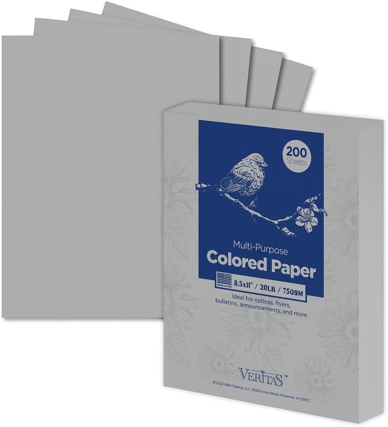 WritePads Veritas Colored Copy Paper, Gray Multi-Purpose paper,Colored Printer Paper 8.5” x 11”, 20 lb / 75 GSM,Grey,200 Sheets，Made in USA - Image 1